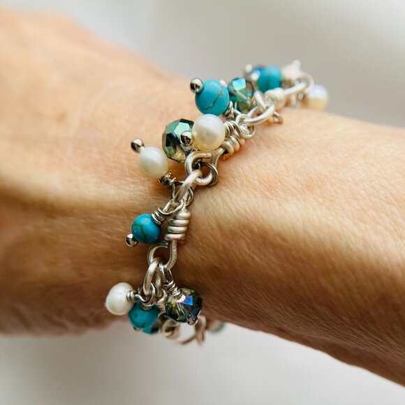 Cluster Bracelet with Turquoise, Pearls, and Crystals. Chain with Dangle Gem - Picture 9 of 16